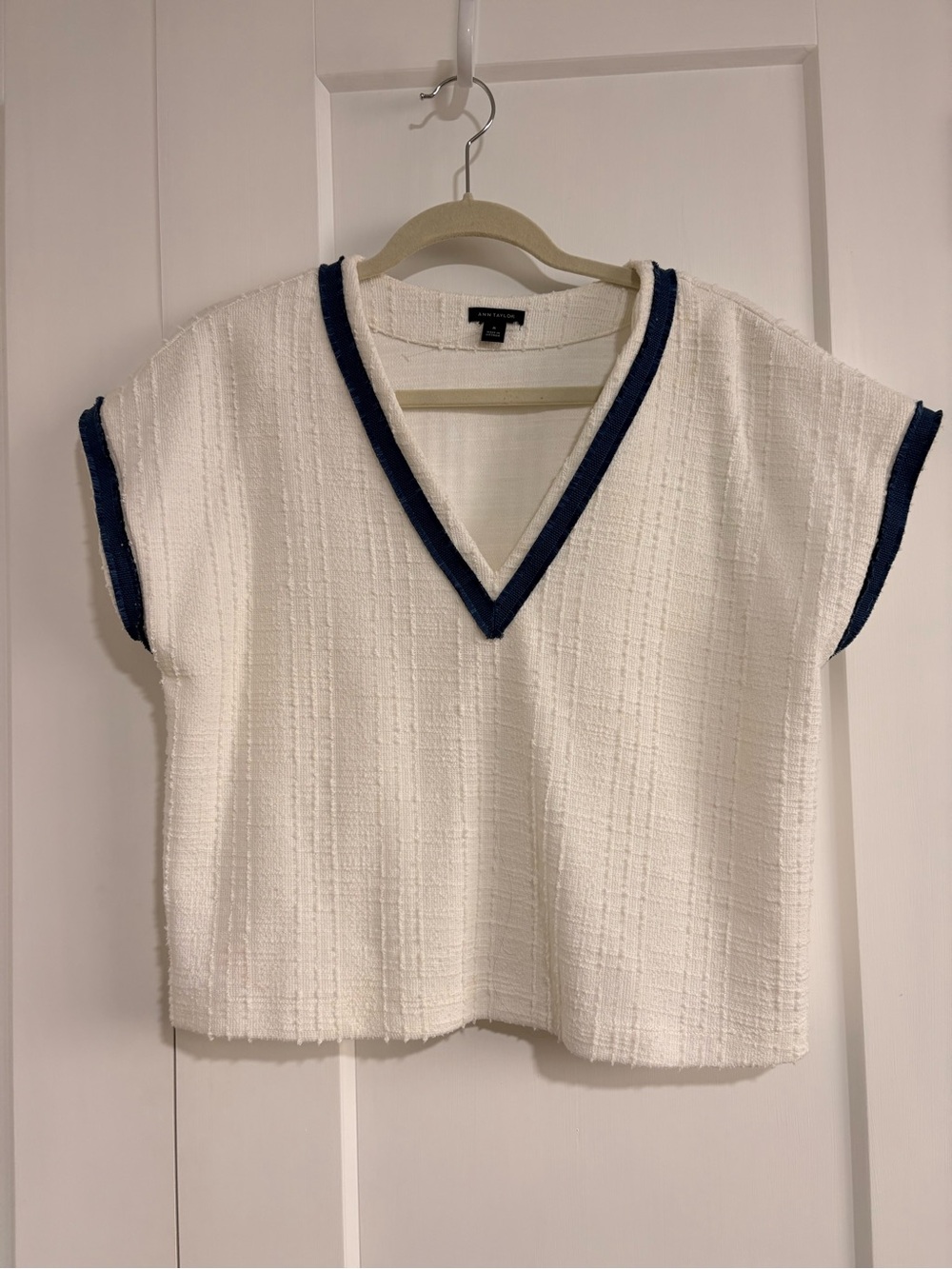 Ann Taylor Cream V-Neck Top with Navy Trim